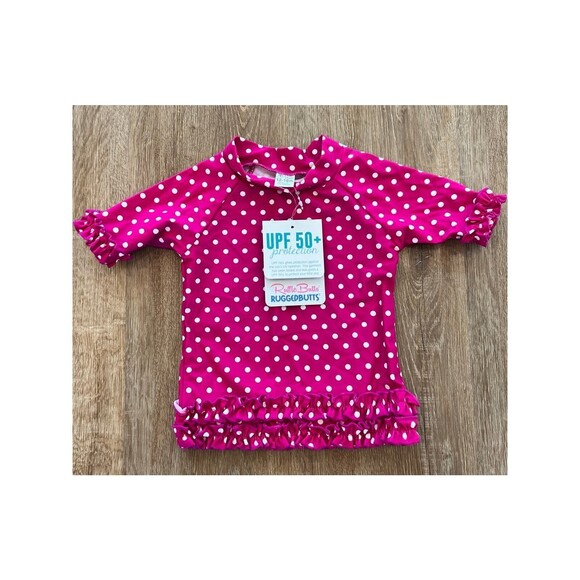 RuffleButts RashGuard Swim Top Baby 12-18 months Swimsuit‎ Hot Pink UPF50 NEW - Picture 1 of 4